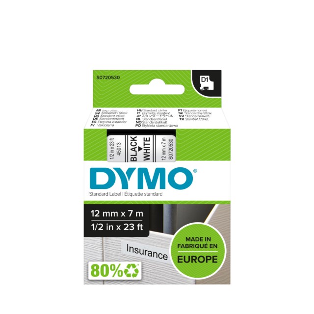 Märkband Dymo D1 12mm svart/vit - 12mmx7m - 1
