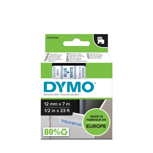 Märkband Dymo D1 12mm blå/vit - 12mmx7m - 1