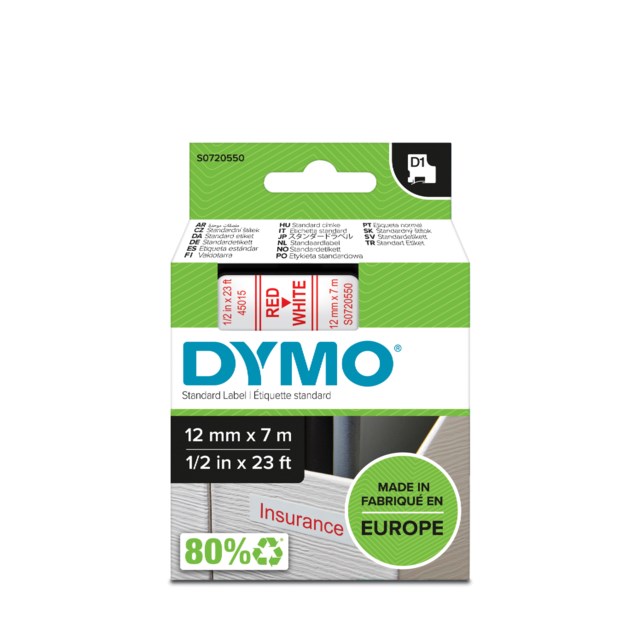 Märkband Dymo D1 12mm röd/vit - 12mmx7m - 1