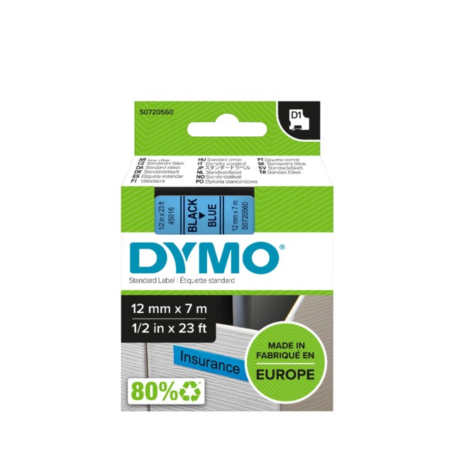 Märkband Dymo D1 12mm svart/blå - 12mmx7m - 1
