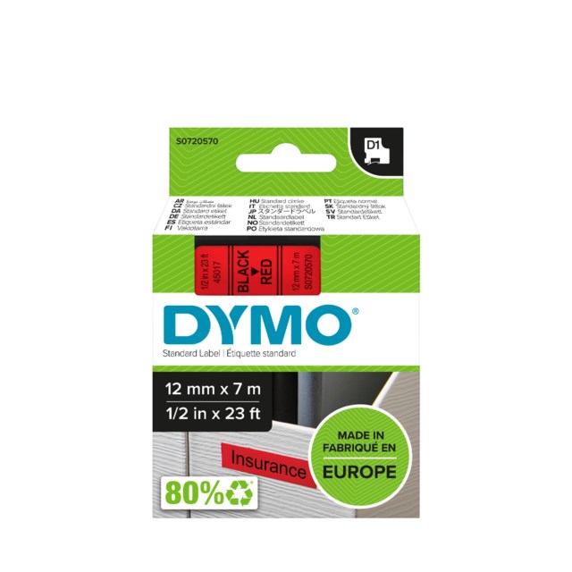 Märkband Dymo D1 12mm svart/röd - 12mmx7m - 1