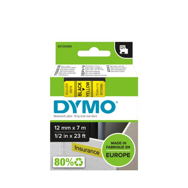 Märkband Dymo D1 12mm svart/gul - 12mmx7m - 1