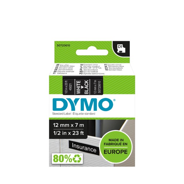 Märkband Dymo D1 12mm vit/svart - 12mmx7m - 1