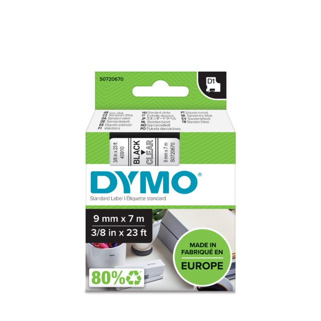 Märkband Dymo D1 9mm svart/transparent - 9mmx7m - 1