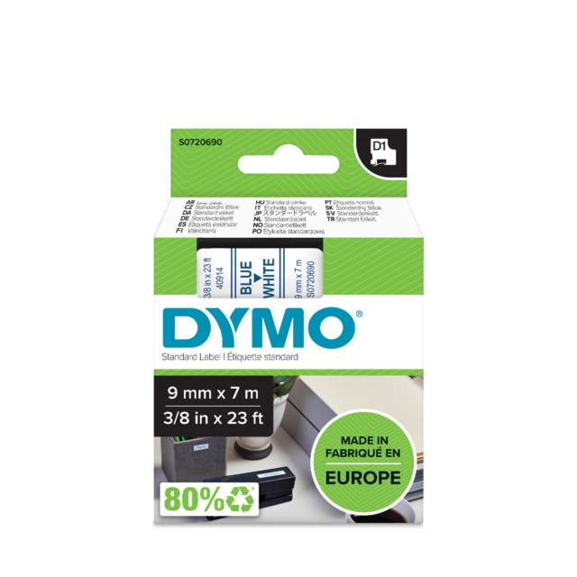 Märkband Dymo D1 9mm blå/vit - 9mmx7m - 1