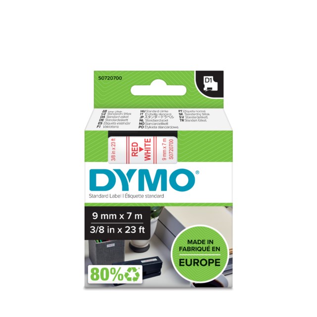 Märkband Dymo D1 9mm röd/vit - 9mmx7m - 1