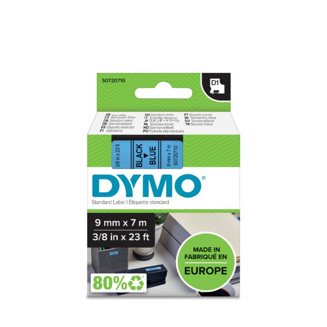 Märkband Dymo D1 9mm svart/blå - 9mmx7m - 1