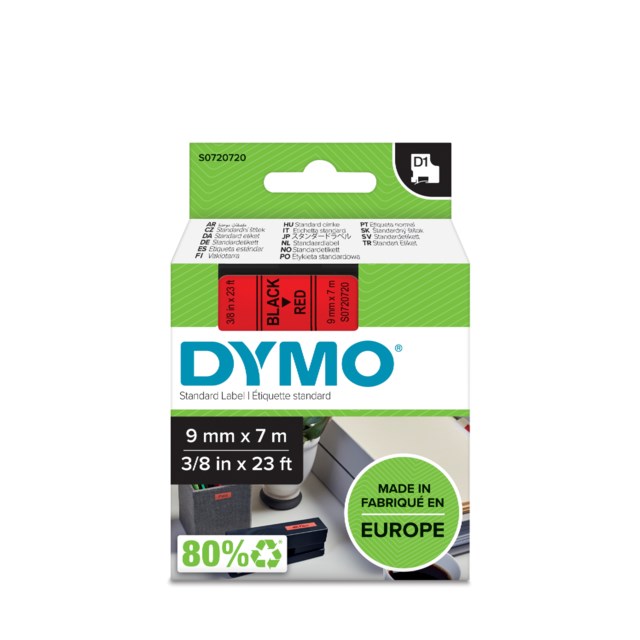 Märkband Dymo D1 9mm svart/röd - 9mmx7m - 1