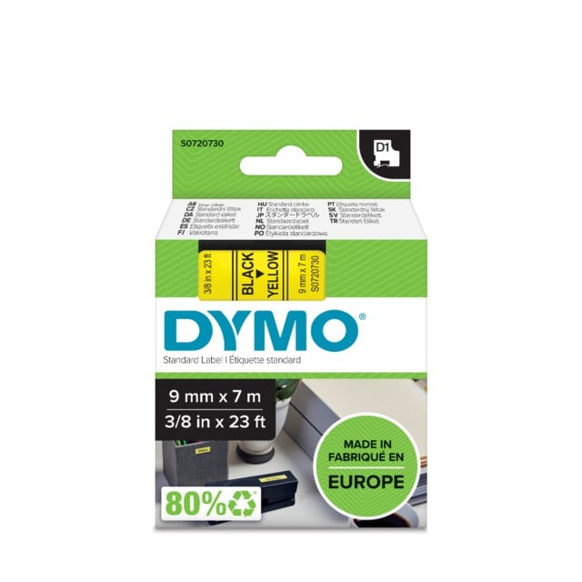 Märkband Dymo D1 9mm svart/gul - 9mmx7m - 1