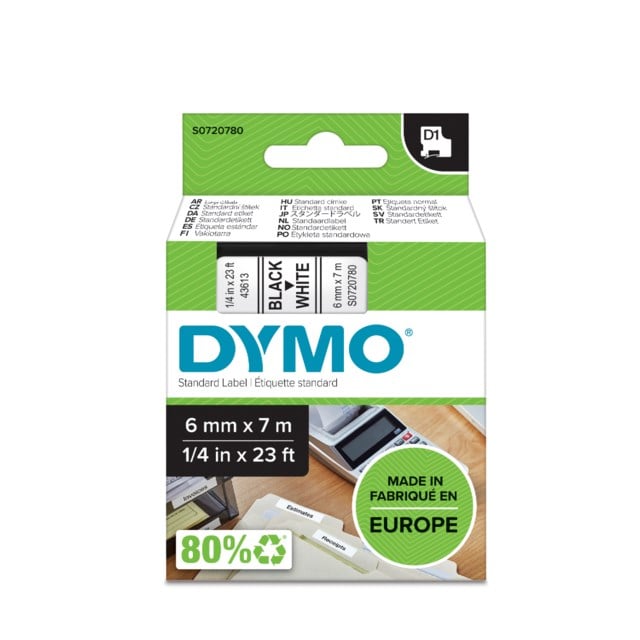 Märkband Dymo D1 6mm svart/vit - 6mmx7m - 1
