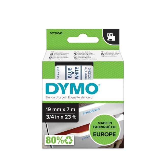 Märkband Dymo D1 19mm blå/vit - 19mmx7m - 1