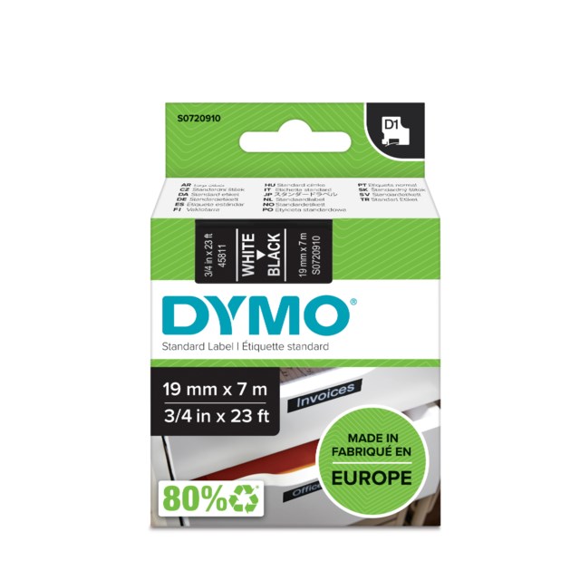 Märkband Dymo D1 19mm vit/svart - 19mmx7m - 1