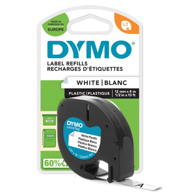 Märkband Dymo Letra Tag plast 12mm x 4m vit - 12mmx4m - 1