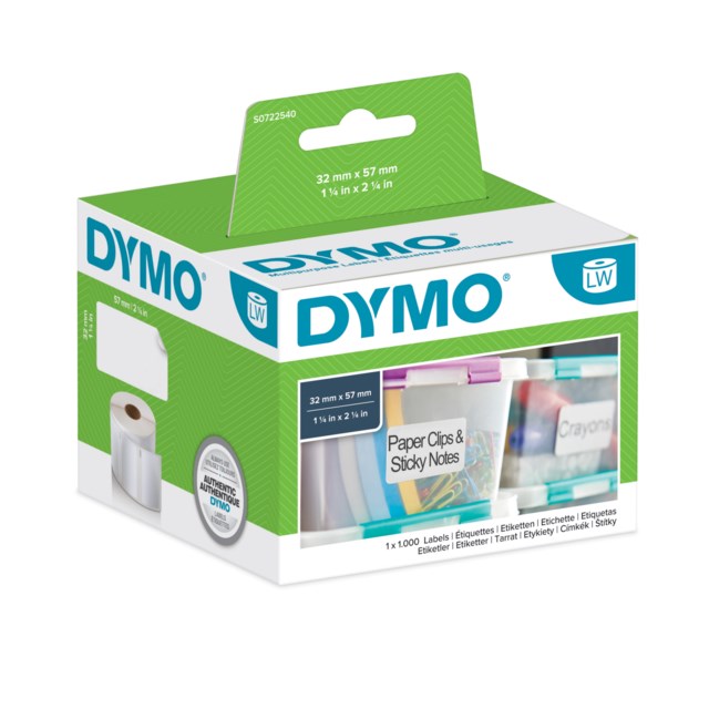 Etikett Dymo LW Papper avtagb. 57x32 mm vit 1000st/rle - 57x32mm - 1