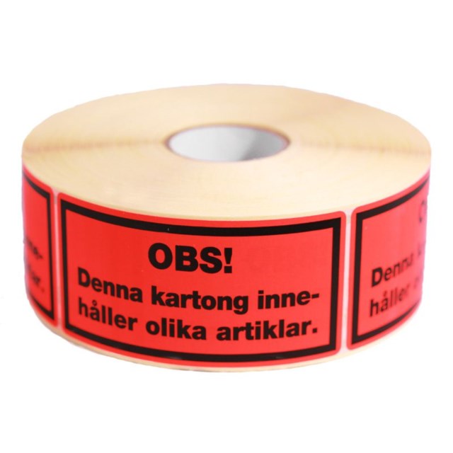 Varningsetikett OBS Denna kart innehåller olika... 1000st/rl - 50x100mm - 1